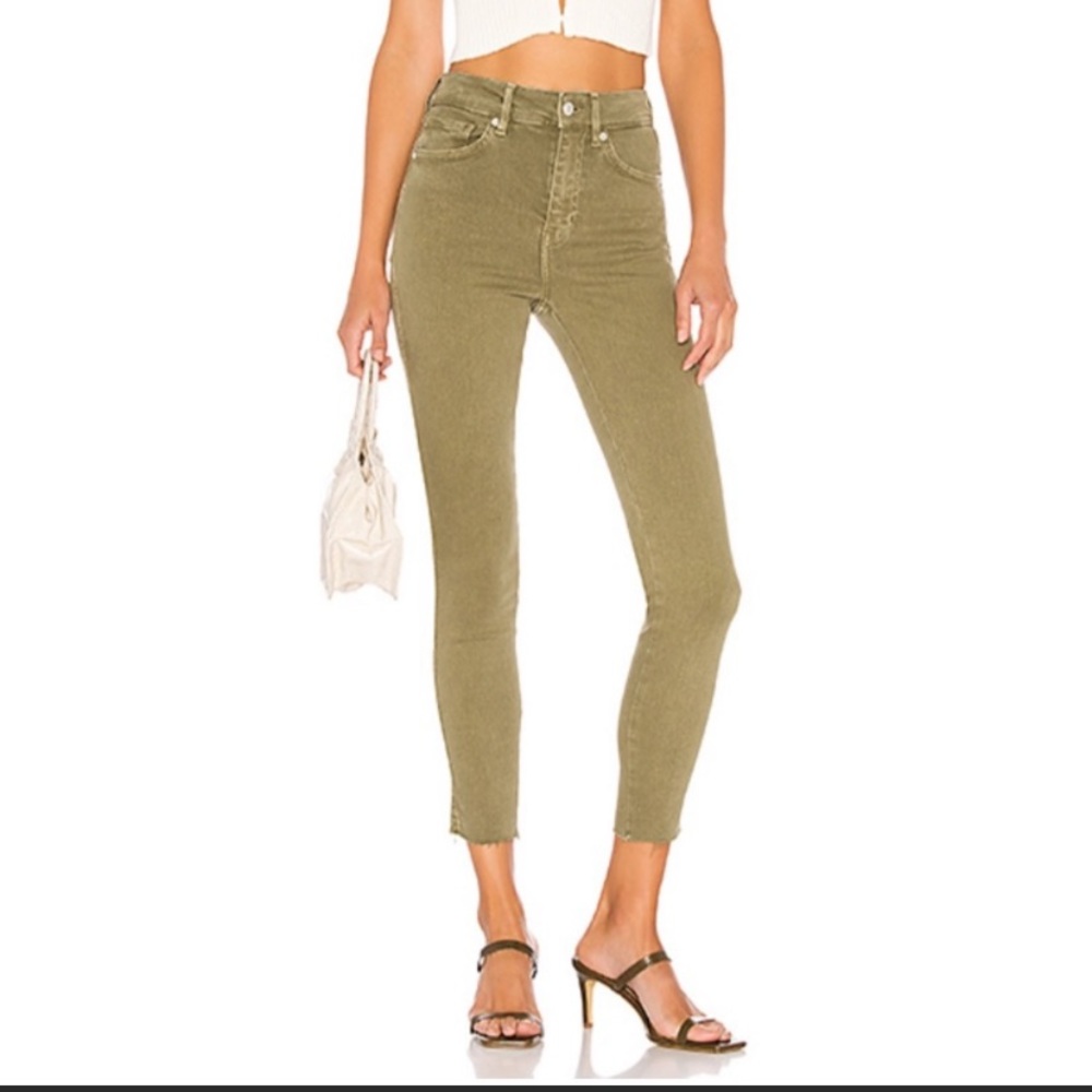 FREE PEOPLE jeans high rise jegging army green raw hem stretch.